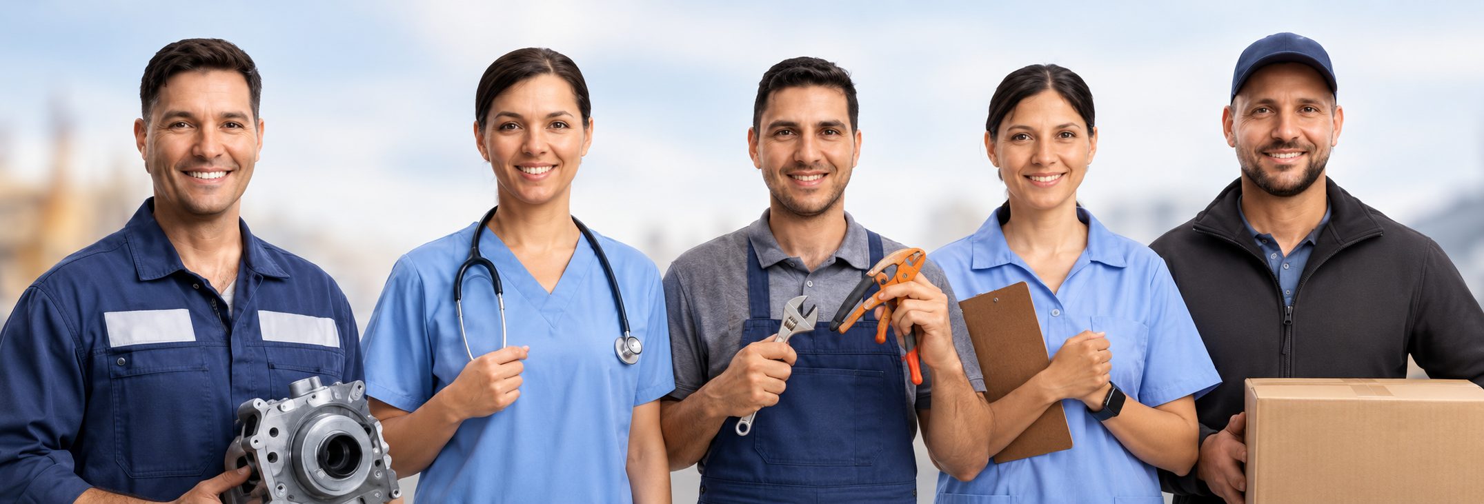 A mechanic, a nurse, a repair technician, a care worker and a delivery driver smiling side by side